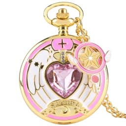 Luxury Gold Heart-shaped Gem Quartz Pocket Watch with Cardcaptor Sakura Accessory Pendant Necklace Chain Steampunk Women Gifts