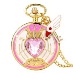 Luxury Gold Heart-shaped Gem Quartz Pocket Watch with Cardcaptor Sakura Accessory Pendant Necklace Chain Steampunk Women Gifts