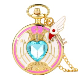 Luxury Gold Heart-shaped Gem Quartz Pocket Watch with Cardcaptor Sakura Accessory Pendant Necklace Chain Steampunk Women Gifts