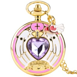 Luxury Gold Heart-shaped Gem Quartz Pocket Watch with Cardcaptor Sakura Accessory Pendant Necklace Chain Steampunk Women Gifts