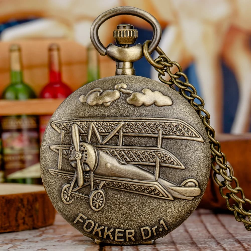 Vintage Sailplane Pattern Bronze Quartz Pendant Fob Pocket Watch With Necklace Chain Gift For Men Women