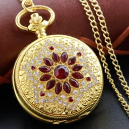 Gold Diamond Luxury Emerald Gem Pocket Watch Necklace Digital Pendant Chain Clock Fashion Sculpture Women's Men's Gift