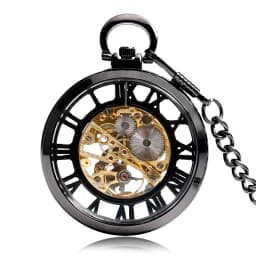 Classic Trendy Hand-winding Pocket Watch Steampunk Pendant Black Case Mechanical Clock Men Women Fob Chain Birthday Xmas Gift