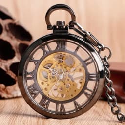 Classic Trendy Hand-winding Pocket Watch Steampunk Pendant Black Case Mechanical Clock Men Women Fob Chain Birthday Xmas Gift
