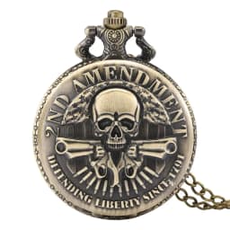 Vintage Bronze Gun Skull Defending Freedom Second Amendment Military Quartz Necklace Pocket Watch Pendant for Men Halloween Chri