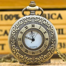 Vintage Glamour Bronze Unisex Fashion Roman Numerals Carved Quartz Steampunk Pocket Watch Women Men Necklace Pendant Chain Gift