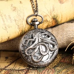 Vintage Hollow Black Bronze Octopus Quartz Pocket Watch with Necklace Chain Gift for Male Women Chronograph Hombre Relojes