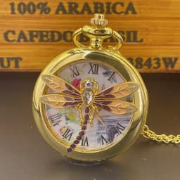 Fashion 3D Cutout Mosaic Brick Dragonfly Quartz Pocket Watch Girls Elegant Sweater Necklace