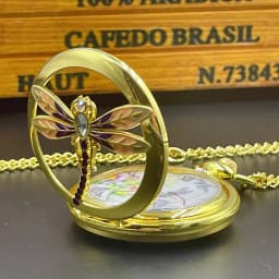 Fashion 3D Cutout Mosaic Brick Dragonfly Quartz Pocket Watch Girls Elegant Sweater Necklace