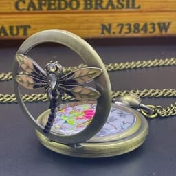 Fashion 3D Cutout Mosaic Brick Dragonfly Quartz Pocket Watch Girls Elegant Sweater Necklace