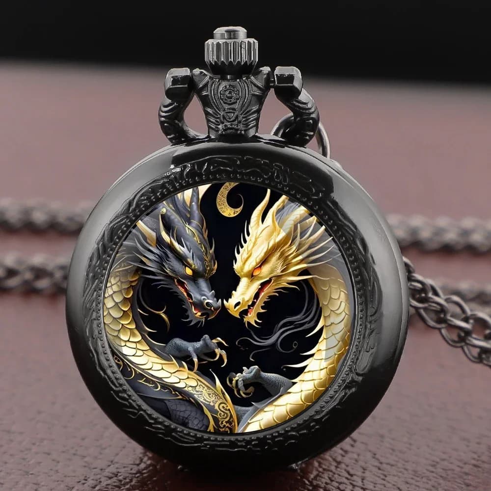 Yin Yang Design Dragons Glass Dome Vintage Quartz Pocket Watch Men Women Pendant Necklace Chain Clock Hours Watch Jewelry Gifts