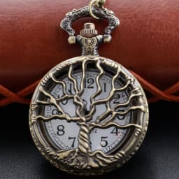 Steampunk Retro Bronze Hollow Tree of Life Quartz Pocket Watch with Fob Women's Watch Pendant Necklace Chain Men's Gift CF1088
