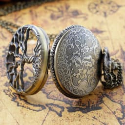 Steampunk Retro Bronze Hollow Tree of Life Quartz Pocket Watch with Fob Women's Watch Pendant Necklace Chain Men's Gift CF1088