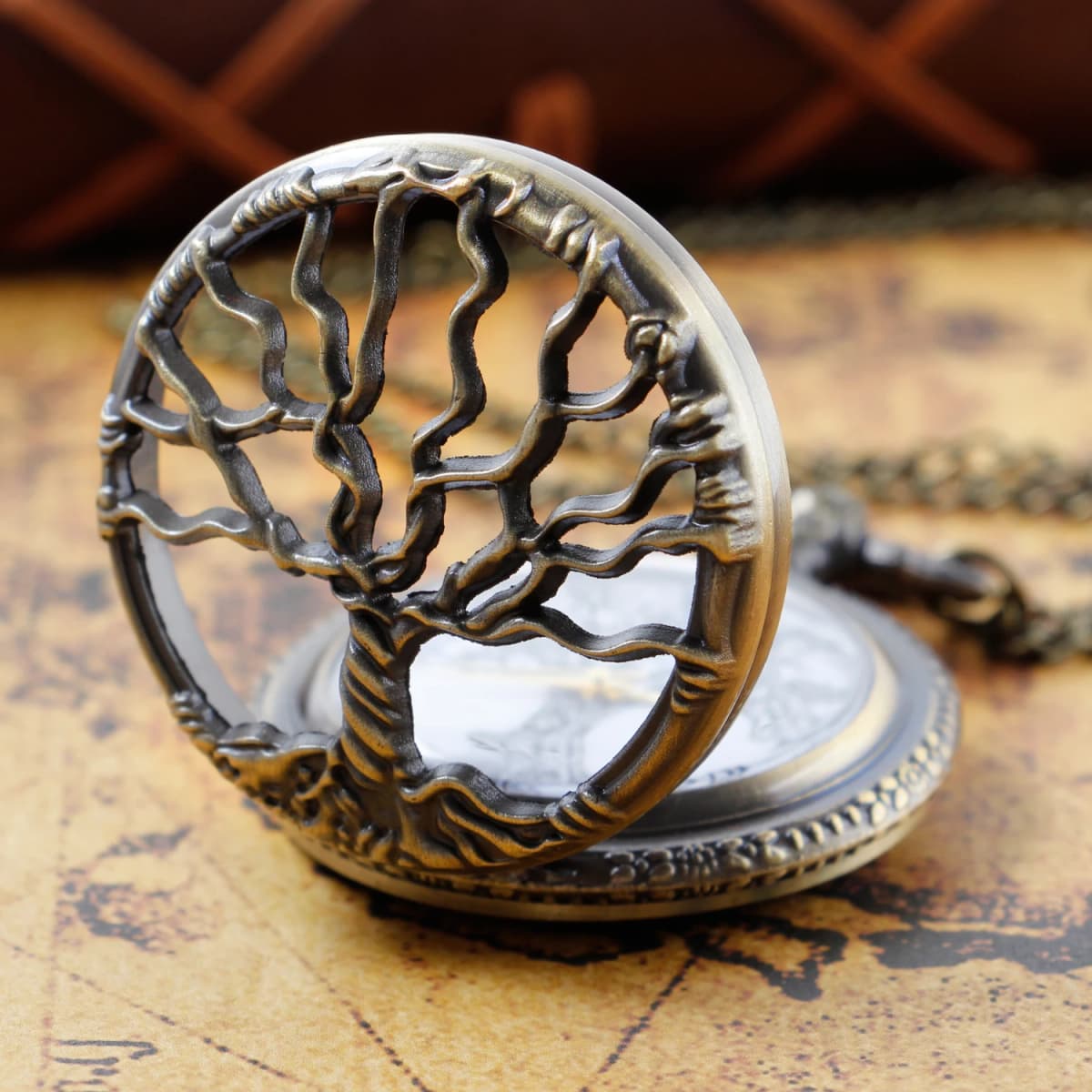 Steampunk Retro Bronze Hollow Tree of Life Quartz Pocket Watch with Fob Women's Watch Pendant Necklace Chain Men's Gift CF1088