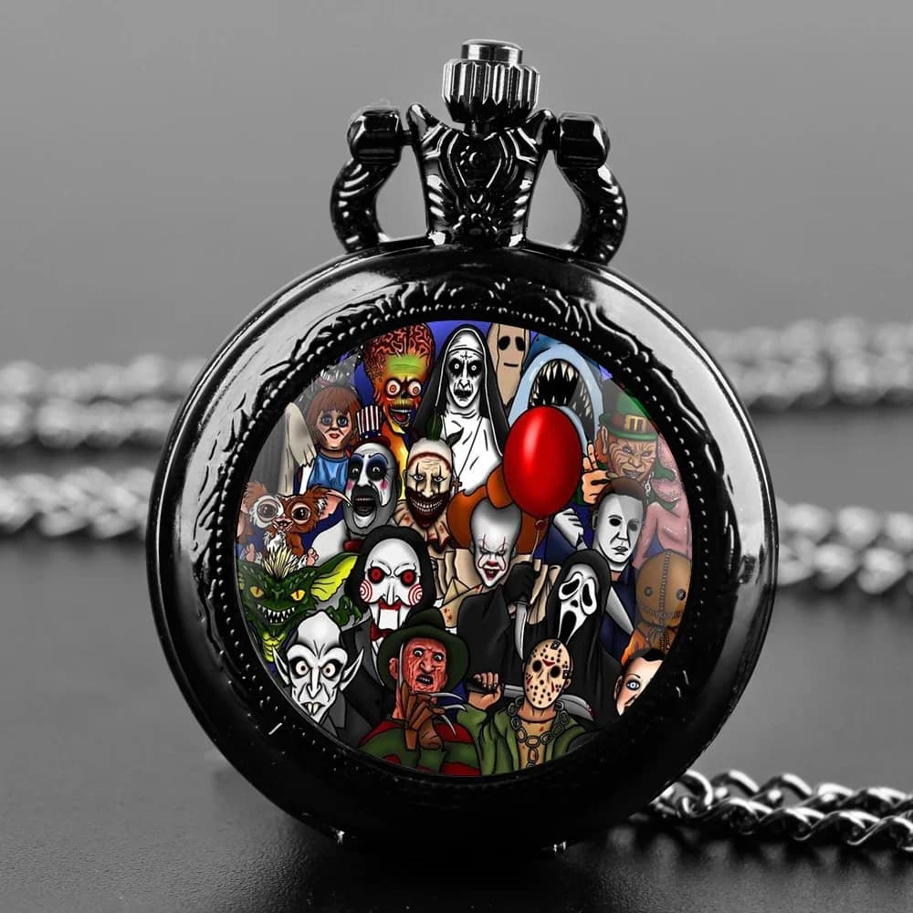 Creative Halloween Gift Joker Dome Quartz Pocket Watch Classic Arabic Numeral Dial with Silver Chain for Men Woman Pendant Gift