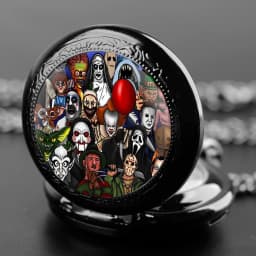 Creative Halloween Gift Joker Dome Quartz Pocket Watch Classic Arabic Numeral Dial with Silver Chain for Men Woman Pendant Gift