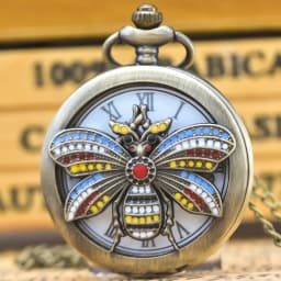 Vintage Cutout Clamshell Bronze Insect 3D Carved Fashion Necklace Quartz Pocket Watch Roman Literal Jewelry Gift