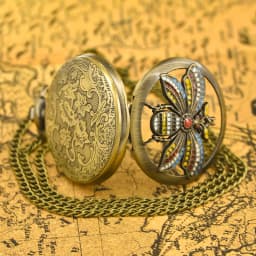 Vintage Cutout Clamshell Bronze Insect 3D Carved Fashion Necklace Quartz Pocket Watch Roman Literal Jewelry Gift