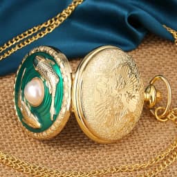 Top Luxury Golden Pisces Necklace Quartz Pocket Watch Vivid Fish Pearl Pattern FOB Chain Green Pendant Constellation Clock Gifts