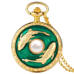 Top Luxury Golden Pisces Necklace Quartz Pocket Watch Vivid Fish Pearl Pattern FOB Chain Green Pendant Constellation Clock Gifts
