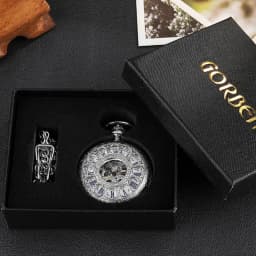 Roman Numeral Luxury Mechanical Pocket Watch Engrave Carving Sliver Case Steampunk Skeleton Watches Fob Chain Clock for Men