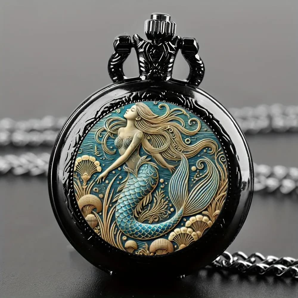 1Pcs Exquisite Mermaid Pattern Design Pocket Watch with Necklace Pendant -Quartz Movement, Elegant Jewelry Gift for Women Girls