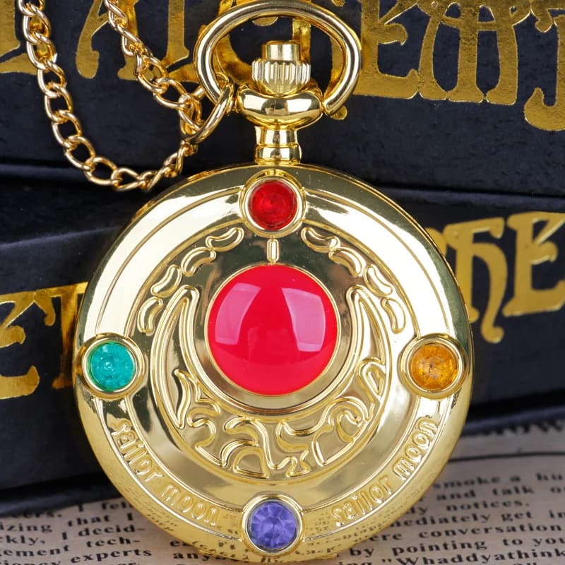 Gold Exquisite Moon Engraving Classic Quartz Pocket Watch Anime Dial Clock Pendant Gift for Girls Children