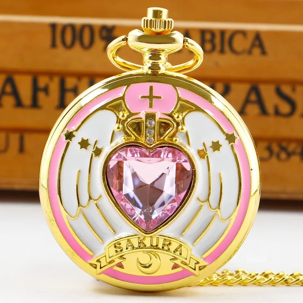 Pink Cute Cherry Blossom Diamond Inlaid Quartz Pocket Watch Pendant Clock Chain Exquisite Charm Gifts Ideal for Men Women Kids