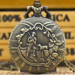 Vintage Bronze Pattern Hunter With Dog Pattern Male And Female Students Gift Quartz Necklace Pocket Watch