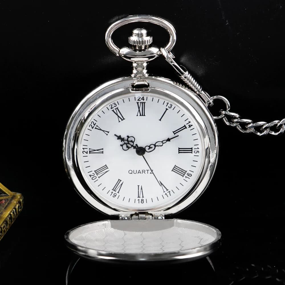 Vintage Silver Smooth Steel Pocket Watch with Chain Roman Numerals Silver Men's Quartz Pocket Watches for Men