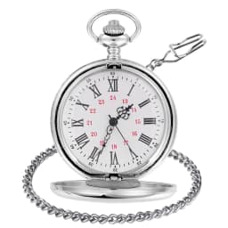 Vintage Silver Smooth Steel Pocket Watch with Chain Roman Numerals Silver Men's Quartz Pocket Watches for Men