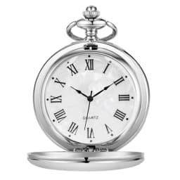 Vintage Silver Smooth Steel Pocket Watch with Chain Roman Numerals Silver Men's Quartz Pocket Watches for Men