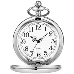 Vintage Silver Smooth Steel Pocket Watch with Chain Roman Numerals Silver Men's Quartz Pocket Watches for Men