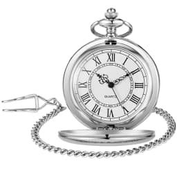 Vintage Silver Smooth Steel Pocket Watch with Chain Roman Numerals Silver Men's Quartz Pocket Watches for Men