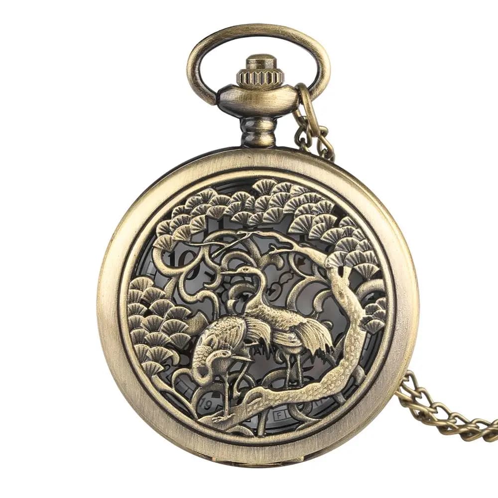 Vintage Bronze Hollow Crane & Pine Quartz Pocket Watch Necklace Women Men Fob Watches Necklace Sweater Pendant Chain reloj