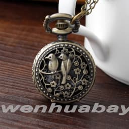Vintage Hollow Pocket Watch 1Pc Small Bird Flower Pattern Quartz Hour Arabic Numberals Dial Pendant Chain Necklace Boy Watches