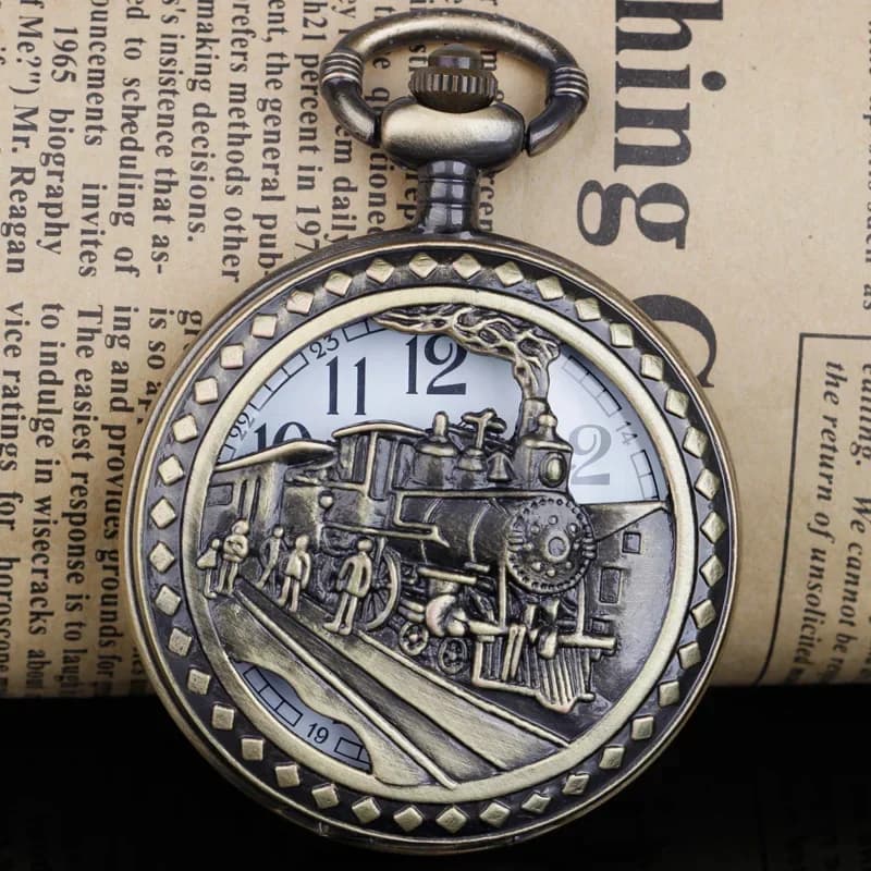 Vintage Steam Train Running on The Tracks Hollow Pocket Watch Necklace Pendant Chain Quartz Watch Unisex Gifts for Men Women