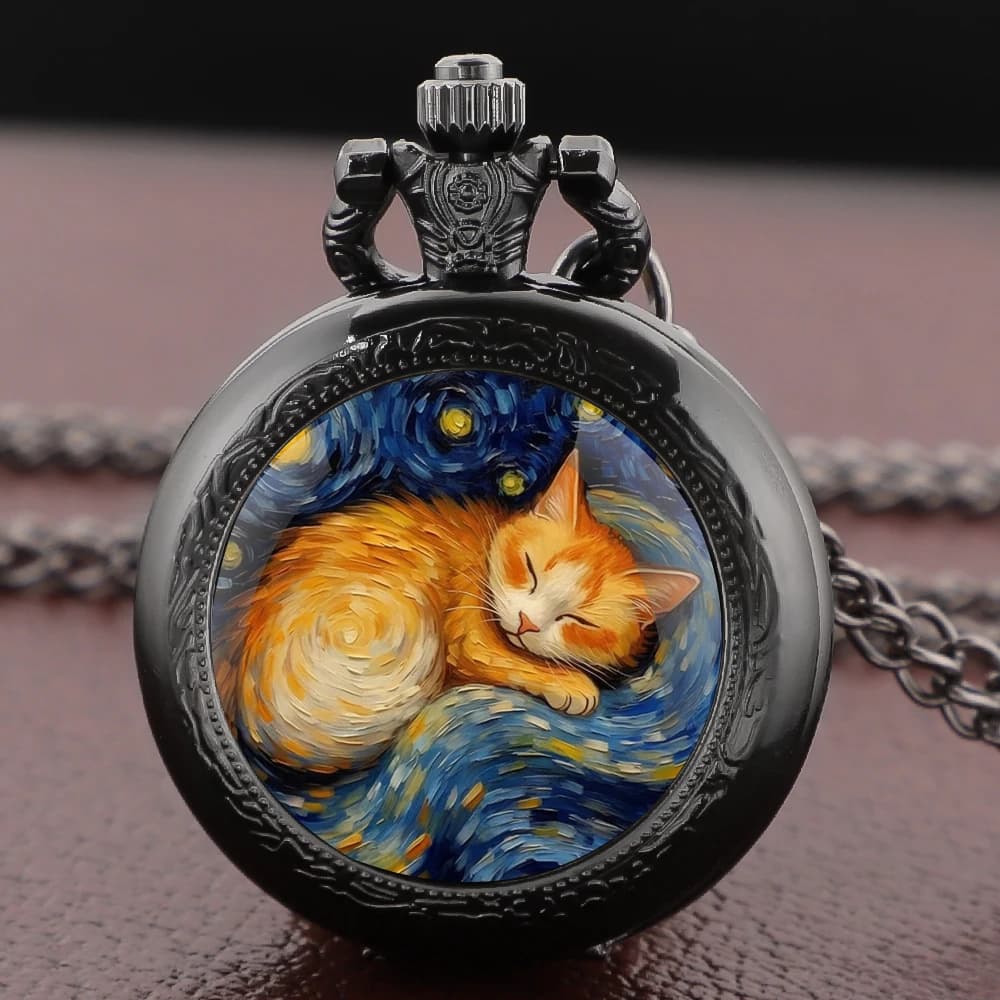 Sleep Cat Watch Black Quartz Pocket Watch Van Gogh's Art Vintage Accessory Women Necklace Pendant Clock Men Gifts for Cat Lover