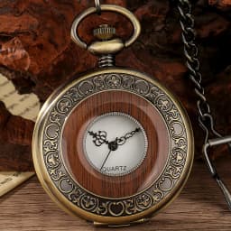 Antique Red Wood Decorated Half Hunter Bronze Quartz Pocket Watch Fob Chain Pendant Pocket Clock Vintage Timepiece Gift Male