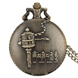 Vintage Tibetan Aroma Buddhist Temple Quartz Pocket Watch Buddha Head Design Religious Chain Pendant Necklace Gift for Men Women