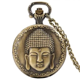 Vintage Tibetan Aroma Buddhist Temple Quartz Pocket Watch Buddha Head Design Religious Chain Pendant Necklace Gift for Men Women