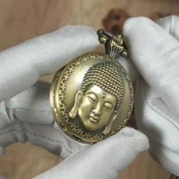 Vintage Tibetan Aroma Buddhist Temple Quartz Pocket Watch Buddha Head Design Religious Chain Pendant Necklace Gift for Men Women