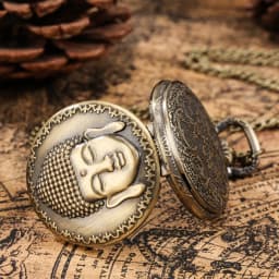 Vintage Tibetan Aroma Buddhist Temple Quartz Pocket Watch Buddha Head Design Religious Chain Pendant Necklace Gift for Men Women
