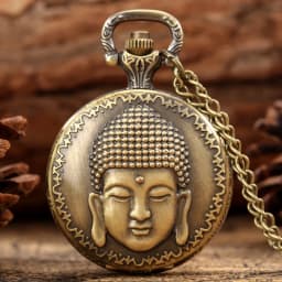 Vintage Tibetan Aroma Buddhist Temple Quartz Pocket Watch Buddha Head Design Religious Chain Pendant Necklace Gift for Men Women