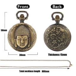 Vintage Tibetan Aroma Buddhist Temple Quartz Pocket Watch Buddha Head Design Religious Chain Pendant Necklace Gift for Men Women