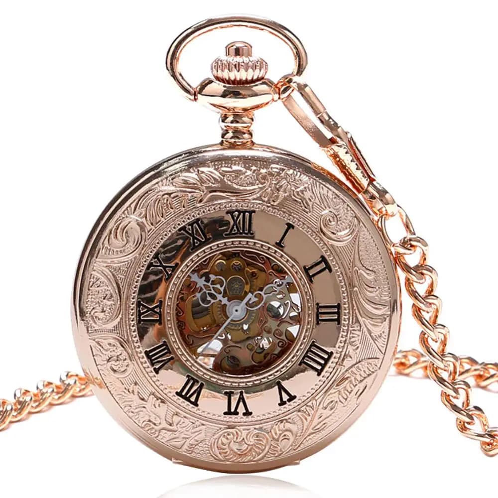 Charm Rose Gold Mechanical Pocket Watch Men's Clock Women's Dress Chain Jewelry Fashion Double Open Hunter FOB Watch Gift Online