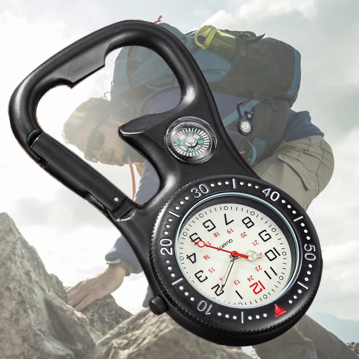 Multifunctional Clip-On Carabiner Pocket Watch Nurse Watch Compass Bottle Opener for Doctors Chefs Luminous Outdoor Sport Clock