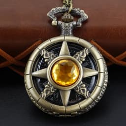 Hollow Yellow Magic Gemstone Inlaid Compass Quartz Pocket Watch Retro Digital Pendant Chain Clock Necklace Jewelry Clock Gift