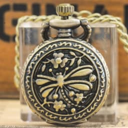 Small, Retro Bronze Steampunk Dragonfly Engraved Small Quartz Pocket Watch Necklace Pendant Clock Chain Men And Women Chain Gift