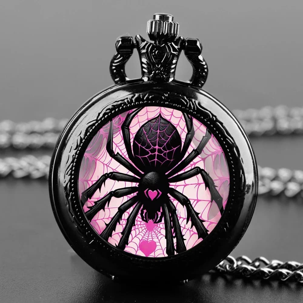 Fashion Love Spider Pink Web Dome Quartz Pocket Watch Arabic Numeral Dial Vintage Men Women Necklace Pendant Creative Clock Gift